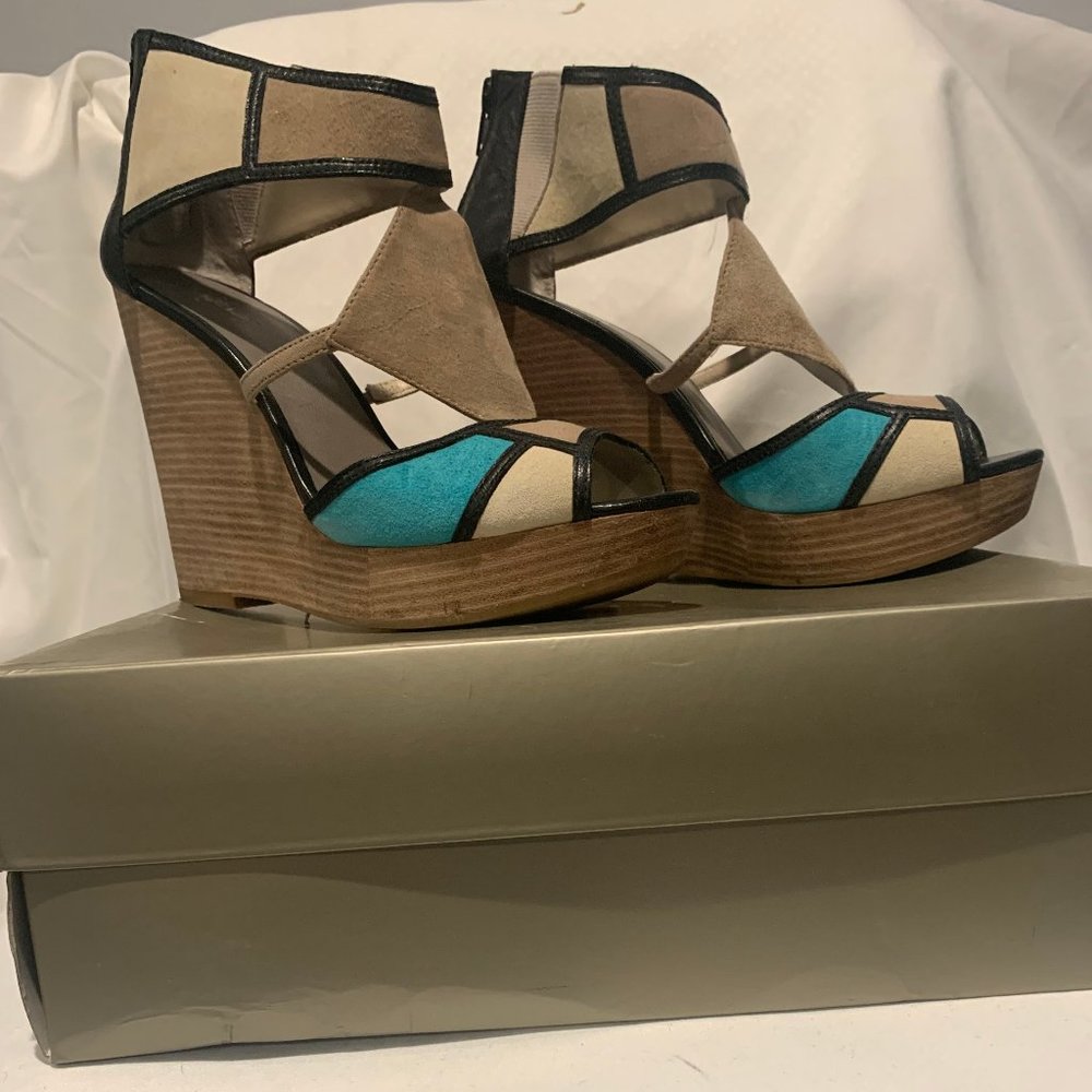 Levity Ladies Tan, Cream, Turquoise Suede & Brown Leather Wedges